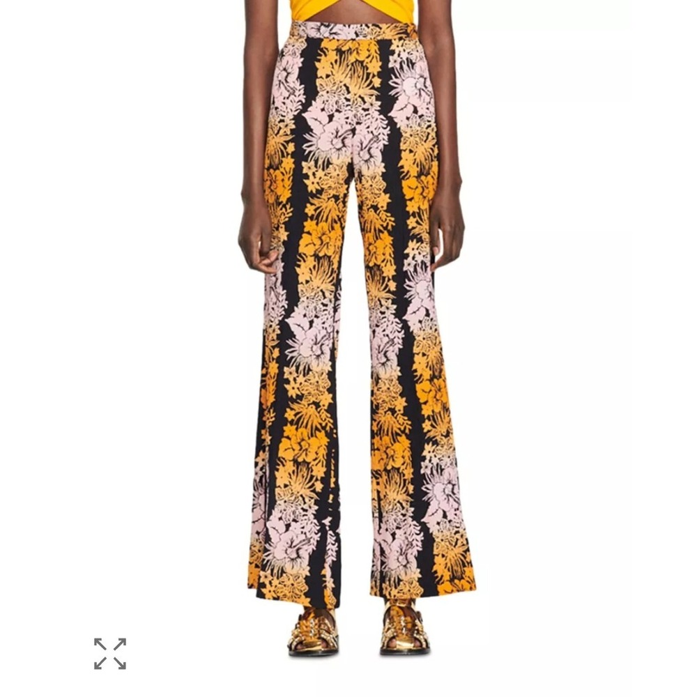Sandro Paris Floral Wide Leg Pants Black Orange High Rise 36/4 Flared Palazzo‎ - Picture 10 of 12